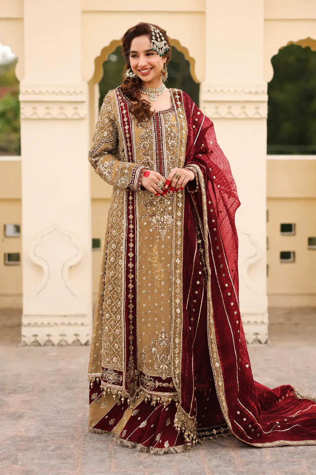 Maria B – Begum Jahanara FX-892 champagne-beige and deep-maroon embroidered sharara ensemble, full-length front view